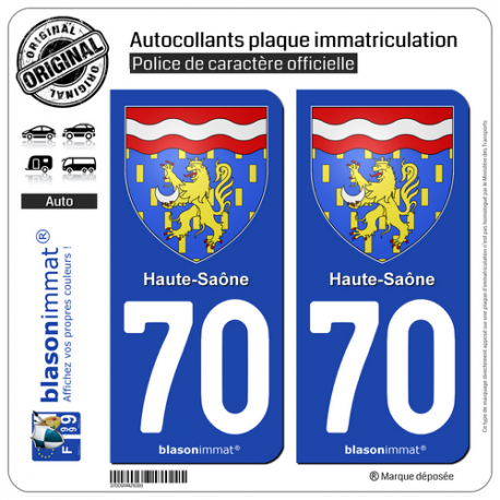 2 Autocollants plaque immatriculation Auto 70 Haute-Saône - Armoiries