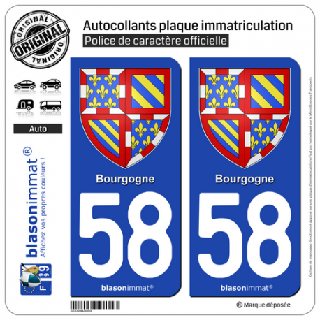 2 Autocollants plaque immatriculation Auto 58 Bourgogne - Armoiries