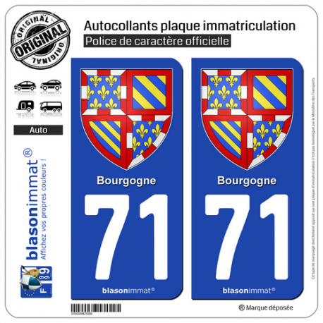 2 Autocollants plaque immatriculation Auto 71 Bourgogne - Armoiries