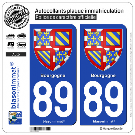 2 Autocollants plaque immatriculation Auto 89 Bourgogne - Armoiries