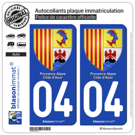 2 Autocollants plaque immatriculation Auto 04 PACA - Armoiries