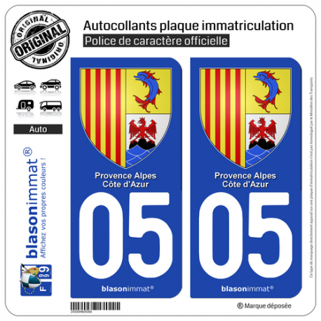 2 Autocollants plaque immatriculation Auto 05 PACA - Armoiries