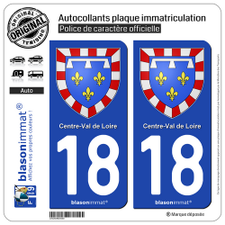 2 Autocollants plaque immatriculation Auto 18 Centre-Val de Loire - Armoiries