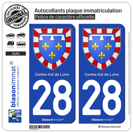 2 Autocollants plaque immatriculation Auto 28 Centre-Val de Loire - Armoiries