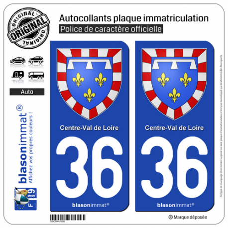 2 Autocollants plaque immatriculation Auto 36 Centre-Val de Loire - Armoiries