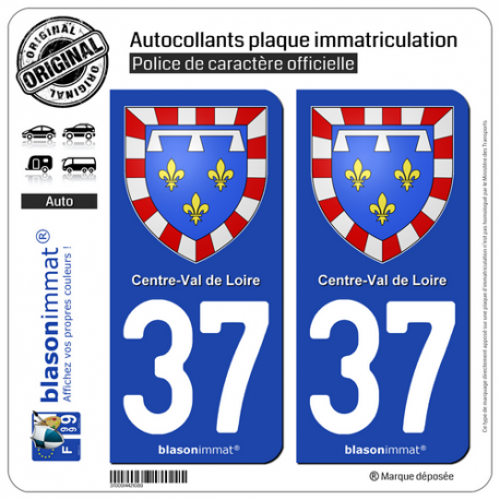 2 Autocollants plaque immatriculation Auto 37 Centre-Val de Loire - Armoiries