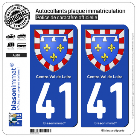 2 Autocollants plaque immatriculation Auto 41 Centre-Val de Loire - Armoiries