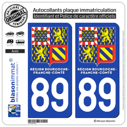 2 Autocollants immatriculation Auto 89 Bourgogne-Franche-Comté - LogoType II