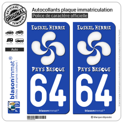 2 Autocollants plaque immatriculation Auto 64 Pays Basque - Lauburu White