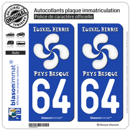 2 Autocollants plaque immatriculation Auto 64 Pays Basque - Lauburu White