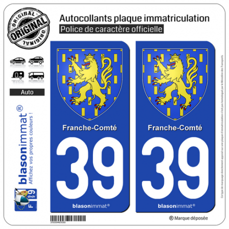 2 Autocollants plaque immatriculation Auto 39 Franche-Comté - Armoiries