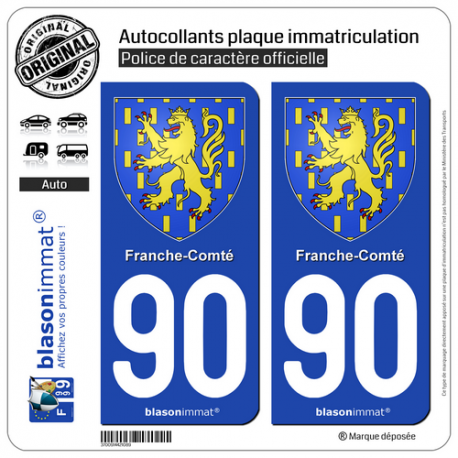 2 Autocollants plaque immatriculation Auto 90 Franche-Comté - Armoiries