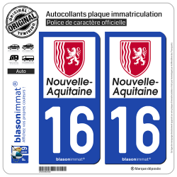2 Autocollants plaque immatriculation Auto 16 Nouvelle-Aquitaine - Région