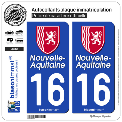 2 Autocollants plaque immatriculation Auto 16 Nouvelle-Aquitaine - Région II