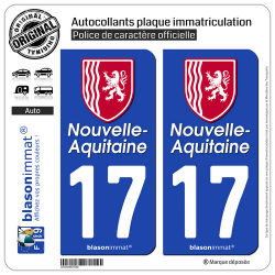 2 Autocollants plaque immatriculation Auto 17 Nouvelle-Aquitaine - Région II