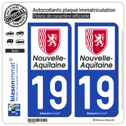 2 Autocollants plaque immatriculation Auto 19 Nouvelle-Aquitaine - Région