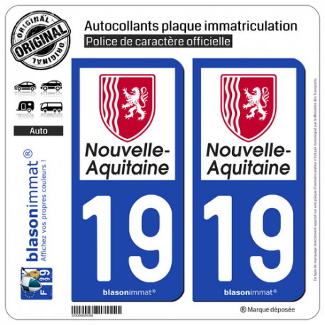 2 Autocollants plaque immatriculation Auto 19 Nouvelle-Aquitaine - Région