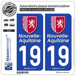2 Autocollants plaque immatriculation Auto 19 Nouvelle-Aquitaine - Région II