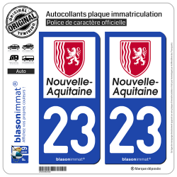 2 Autocollants plaque immatriculation Auto 23 Nouvelle-Aquitaine - Région
