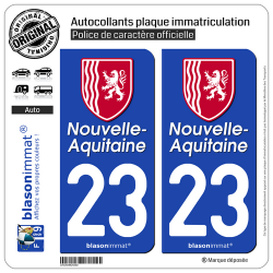2 Autocollants plaque immatriculation Auto 23 Nouvelle-Aquitaine - Région II