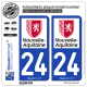 2 Autocollants plaque immatriculation Auto 24 Nouvelle-Aquitaine - Région