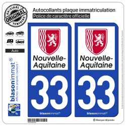 2 Autocollants plaque immatriculation Auto 33 Nouvelle-Aquitaine - Région