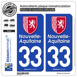 2 Autocollants plaque immatriculation Auto 33 Nouvelle-Aquitaine - Région II