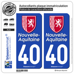 2 Autocollants plaque immatriculation Auto 40 Nouvelle-Aquitaine - Région II