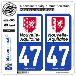 2 Autocollants plaque immatriculation Auto 47 Nouvelle-Aquitaine - Région