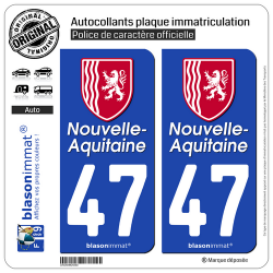 2 Autocollants plaque immatriculation Auto 47 Nouvelle-Aquitaine - Région II