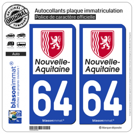 2 Autocollants plaque immatriculation Auto 64 Nouvelle-Aquitaine -Région