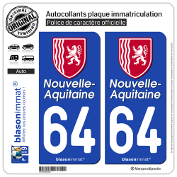 2 Autocollants plaque immatriculation Auto 64 Nouvelle-Aquitaine - Région II