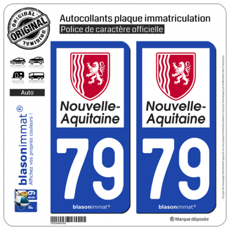 2 Autocollants plaque immatriculation Auto 79 Nouvelle-Aquitaine - Région