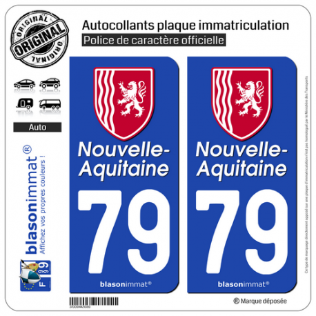 2 Autocollants plaque immatriculation Auto 79 Nouvelle-Aquitaine - Région II