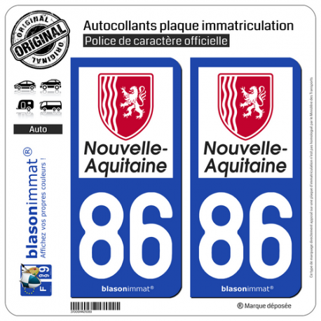 2 Autocollants plaque immatriculation Auto 86 Nouvelle-Aquitaine - Région