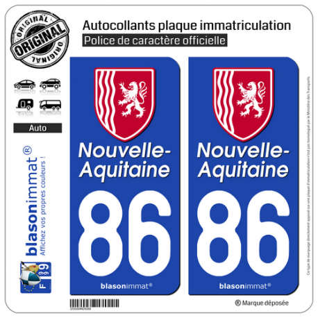 2 Autocollants plaque immatriculation Auto 86 Nouvelle-Aquitaine - Région II