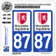 2 Autocollants plaque immatriculation Auto 87 Nouvelle-Aquitaine - Région