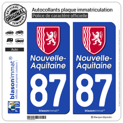 2 Autocollants plaque immatriculation Auto 87 Nouvelle-Aquitaine - Région II