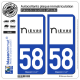 2 Autocollants plaque immatriculation Auto 58 Nièvre - Département