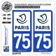 2 Autocollants plaque immatriculation Auto 75 Paris - Ville