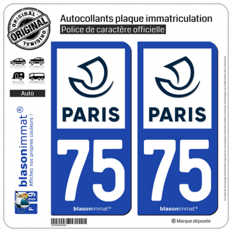 2 Autocollants plaque immatriculation Auto 75 Paris - Ville
