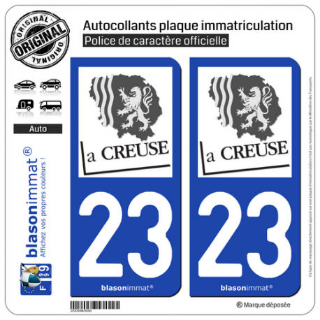 2 Autocollants plaque immatriculation Auto 23 Creuse - Département