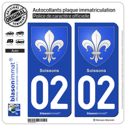 2 Autocollants plaque immatriculation Auto 02 Soissons - Armoiries