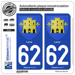 2 Autocollants plaque immatriculation Auto 62 Lens - Armoiries
