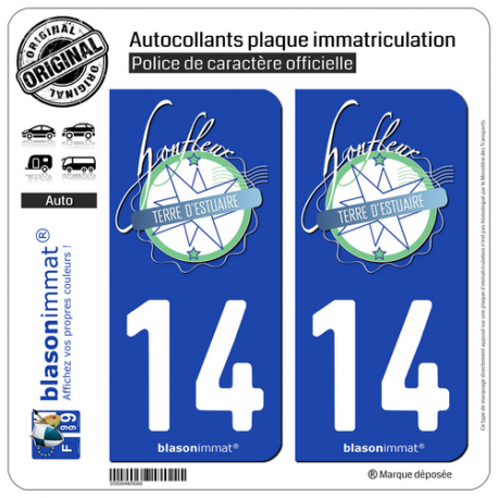 2 Autocollants plaque immatriculation Auto 14 Honfleur - Terre d'Estuaire