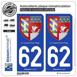 2 Autocollants plaque immatriculation Auto 62 Le Touquet-Paris-Plage - Armoiries