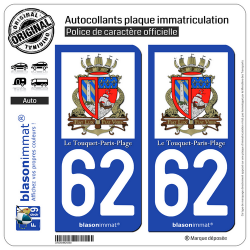 2 Autocollants plaque immatriculation Auto 62 Le Touquet-Paris-Plage - Armoiries II