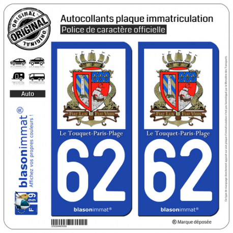 2 Autocollants plaque immatriculation Auto 62 Le Touquet-Paris-Plage - Armoiries II