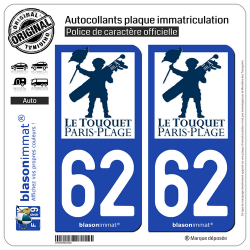 2 Autocollants plaque immatriculation Auto 62 Le Touquet-Paris-Plage - Ville