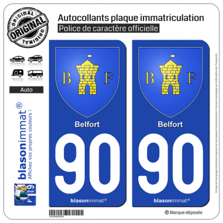 2 Autocollants plaque immatriculation Auto 90 Belfort - Armoiries